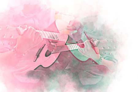 Abstract beautiful man playing Guitar in the foreground on Watercolor painting background and Digital illustration brush to art.の写真素材