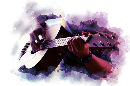 Abstract beautiful man playing Guitar in the foreground on Watercolor painting background and Digital illustration brush to art.の写真素材