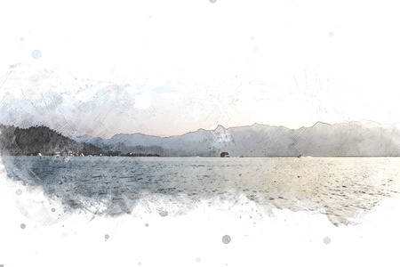 Abstract Mountain hill on watercolor painting background.の写真素材