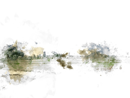 Abstract colorful tree and field landscape on watercolor illustration painting background.の写真素材