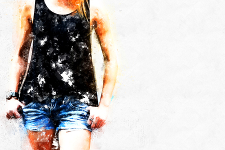 Beautiful women body and walking street on watercolor painting background.の写真素材
