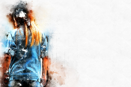 Beautiful women body and walking street on watercolor painting background.の写真素材