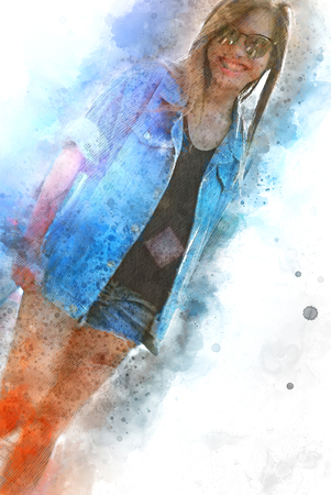 Beautiful women body and walking street on watercolor painting background.の写真素材