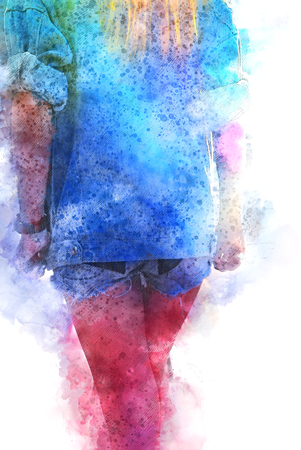 Beautiful women body and walking street on watercolor painting background.の写真素材
