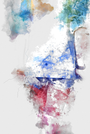 Beautiful women body and walking street on watercolor painting background.の写真素材