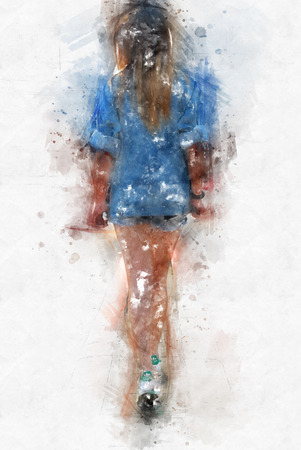 Beautiful women body and walking street on watercolor painting background.の写真素材