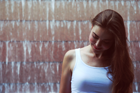 A smiling beautiful woman portrait close up.の写真素材