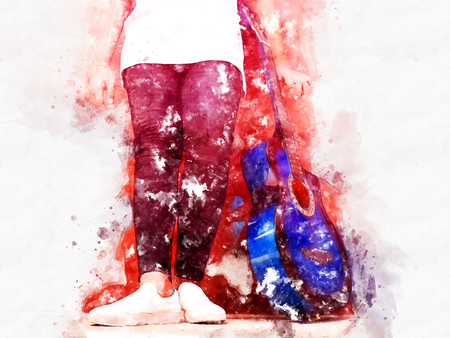 Abstract beautiful playing acoustic Guitar in the foreground on Watercolor painting background and Digital illustration brush to art.の写真素材