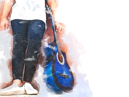 Abstract beautiful playing acoustic Guitar in the foreground on Watercolor painting background and Digital illustration brush to art.の写真素材