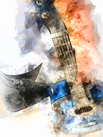 Abstract beautiful playing acoustic Guitar in the foreground on Watercolor painting background and Digital illustration brush to art.の写真素材