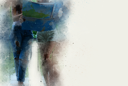 Abstract Beautiful woman traveling on street watercolor painting background.の写真素材