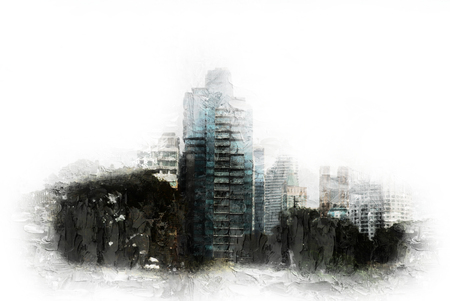 Abstract Building in the city on watercolor painting background. City on Digital illustration brush to art.の写真素材