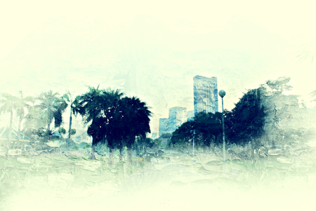 Abstract Building in the city on watercolor painting background. City on Digital illustration brush to art.の写真素材