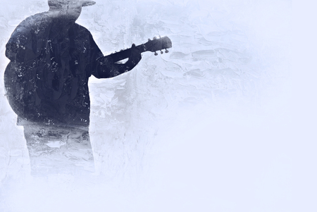 Abstract beautiful man playing Guitar in the foreground on Watercolor painting background and Digital illustration brush to art.の写真素材