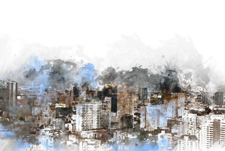 Abstract Building in the city on watercolor painting background. City on Digital illustration brush to art.の写真素材