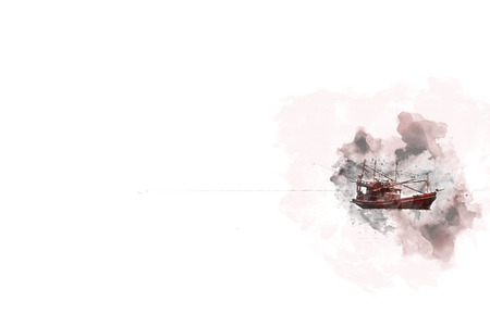 Abstract Long boat fishing on watercolor paining background and colorful splash brush to art.の写真素材