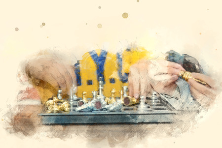 Children are playing with chess on wood table watercolor painting background.の写真素材