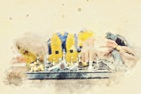Children are playing with chess on wood table watercolor painting background.の写真素材