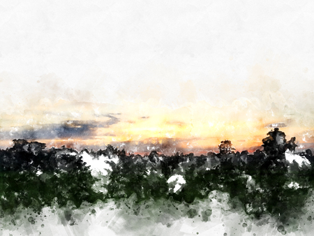 Abstract sunlight, sunrise, sunshine and tree landscape in the evening on watercolor painting background.の写真素材