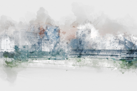 Abstract offices Building in the city on watercolor painting background. City on Digital illustration brush to art.の写真素材