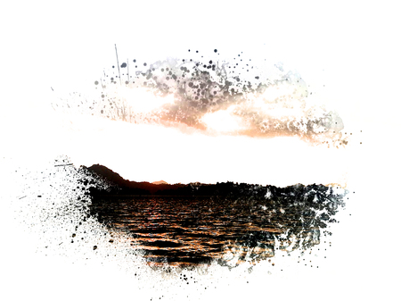 Abstract beautiful mountain silhouette, soft wave river and soft sunlight on oil watercolor painting background.の写真素材