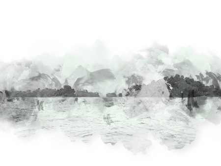 Abstract beautiful mountain silhouette, soft wave river and soft sunlight on oil watercolor painting background.の写真素材