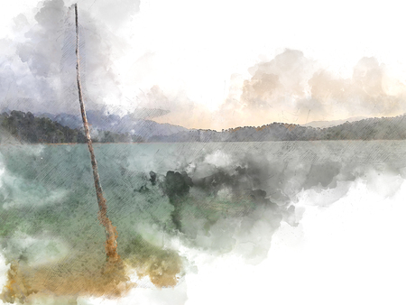 Abstract beautiful mountain silhouette, soft wave river and soft sunlight on oil watercolor painting background.の写真素材