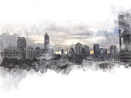 Abstract building in the capital city on watercolor painting background. City on Digital illustration brush to art.の写真素材