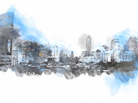 Abstract building in the capital city on watercolor painting background. City on Digital illustration brush to art.の写真素材