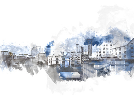 Abstract building in the capital city on watercolor painting background. City on Digital illustration brush to art.の写真素材