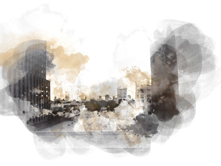 Abstract building in the capital city on watercolor painting background. City on Digital illustration brush to art.の写真素材