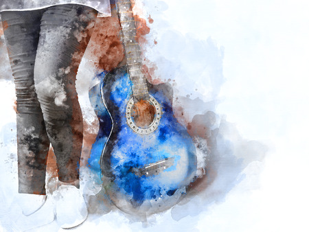 Abstract beautiful playing Guitar in the foreground on Watercolor painting background and Digital illustration brush to art.の写真素材