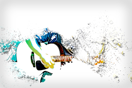 Abstract beautiful playing acoustic Guitar in the foreground on Watercolor painting background and Digital illustration brush to art.の写真素材