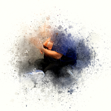 Abstract beautiful playing acoustic Guitar in the foreground on Watercolor painting background and Digital illustration brush to art.の写真素材
