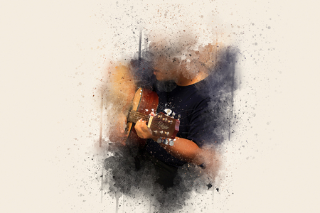 Abstract beautiful playing acoustic Guitar in the foreground on Watercolor painting background and Digital illustration brush to art.の写真素材