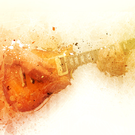 Abstract beautiful playing acoustic Guitar in the foreground on Watercolor painting background and Digital illustration brush to art.の写真素材