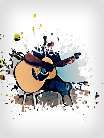 Abstract beautiful playing acoustic Guitar in the foreground on Watercolor painting background and Digital illustration brush to art.の写真素材