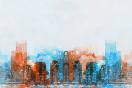 Abstract Building on watercolor painting background. City on Digital illustration brush to art.の写真素材