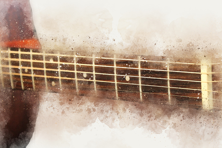 Abstract beautiful playing acoustic Guitar in the foreground on Watercolor painting background and Digital illustration brush to art.の写真素材
