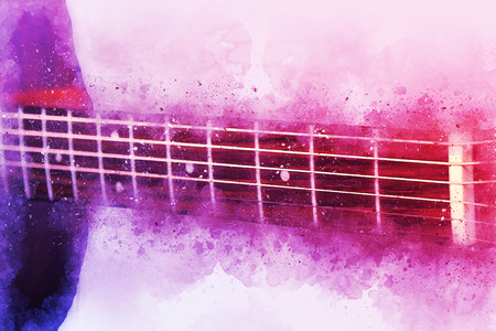 Abstract beautiful playing acoustic Guitar in the foreground on Watercolor painting background and Digital illustration brush to art.の写真素材