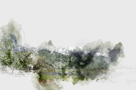 Abstract colorful mountain and field landscape on watercolor illustration painting background.の写真素材