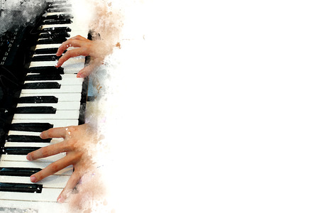 Abstract beautiful hand playing keyboard of the piano foreground Watercolor painting background and Digital illustration brush to art.の写真素材