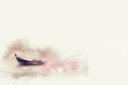 Abstract colorful fishing boat in sea on watercolor painting background.の写真素材
