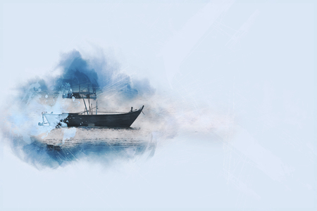 Abstract colorful fishing boat in sea on watercolor painting background.の写真素材