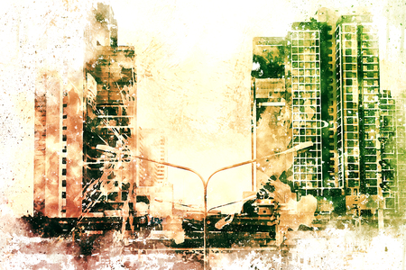 Abstract Building on watercolor painting background. City on Digital illustration brush to art.の写真素材
