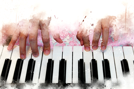 Abstract beautiful hand playing keyboard of the piano foreground Watercolor painting background and Digital illustration brush to art.の写真素材