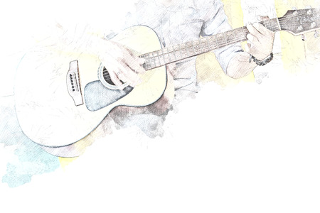Abstract beautiful playing acoustic Guitar in the foreground on Watercolor painting background and Digital illustration brush to art.の写真素材