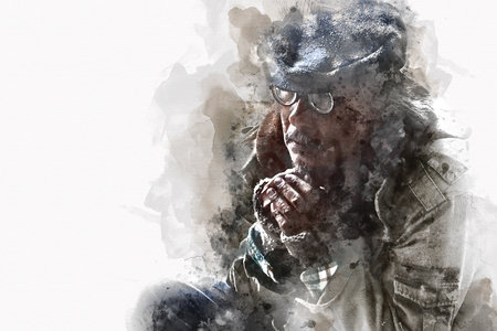 Abstract Homeless man portrait watercolor illustration painting  background.の写真素材