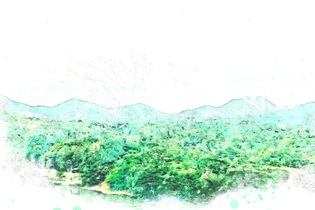 Abstract colorful mountain and field landscape on watercolor illustration painting background.の写真素材