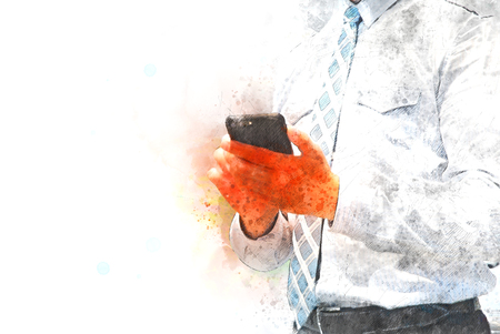 Business man playing mobile phone on watercolo illustration painting background.の写真素材